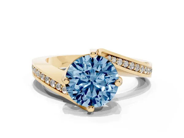 Fancy Blue Round Cut Solitaire Diamond Twist Band with Pavé Setting and Four-Prong Setting Yellow gold