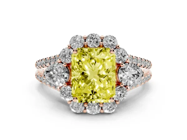 Fancy Yellow Radiant Cut Halo Split Shank Diamond Engagement Ring with Prong Setting Rose gold