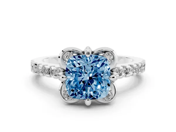 Fancy Blue Cushion Cut Diamond Ring with Pavé Band and Floral Prong Setting Platinum
