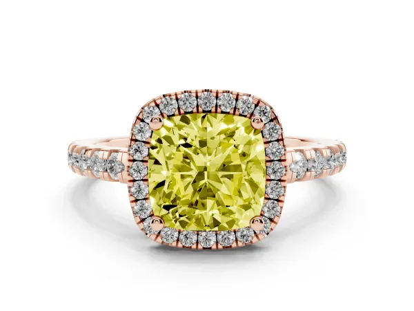 Fancy Yellow Cushion Cut Diamond Halo Ring with Pavé Band and Four-Prong Setting Rose gold
