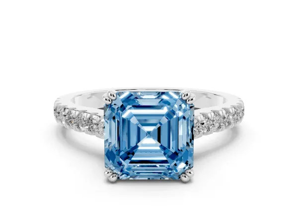 Fancy Blue Asscher Cut Solitaire Pave Diamond Engagement Ring with Prong Setting Platinum