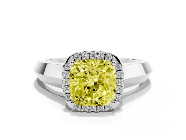 Fancy Yellow Cushion Cut Halo Diamond Ring with Cathedral Band and Four-Prong Setting White gold