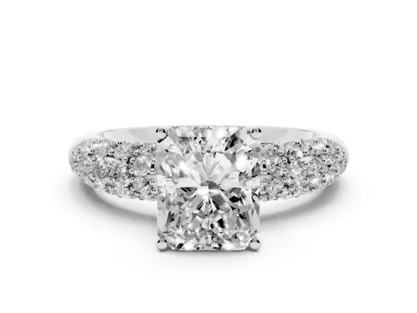 Radiant Cut Diamond Pavé Band Solitaire Ring with Four-Prong Setting White gold
