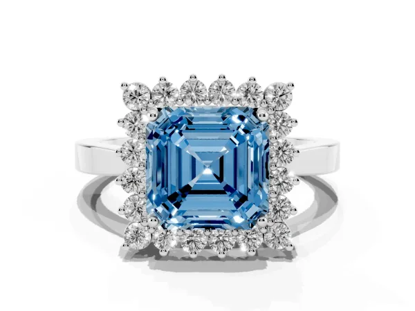 Fancy Blue Asscher Cut Cut Diamond Halo Ring with Round Brilliant Halo and Solitaire Band White gold