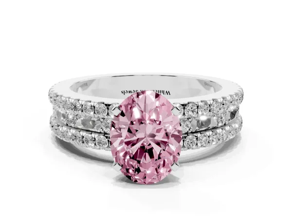 Fancy Pink Oval Cut Diamond Solitaire Ring with Pavé and Channel Set Band White gold