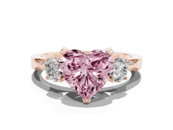 Fancy Pink Heart Cut Brilliant Three-Stone Diamond Ring with Pavé Band and Four-Prong Setting Rose gold