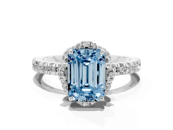 Fancy Blue Emerald Cut Halo Diamond Pave Band Ring with Four-Prong Setting Platinum