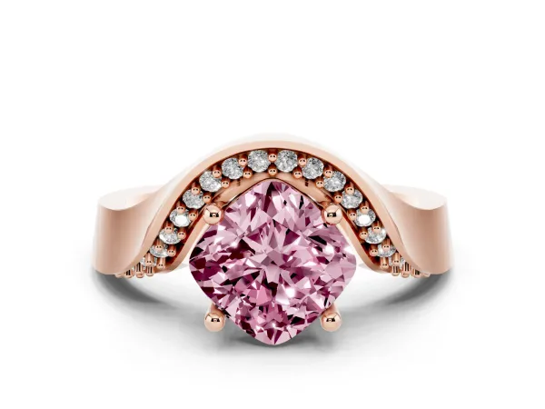 Fancy Pink Cushion Cut Solitaire Diamond Engagement Ring with Pave Band and Four-Prong Setting Rose gold