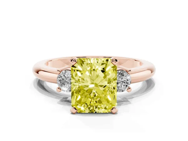 Fancy Yellow Three-Stone Radiant Cut Cut Diamond Solitaire with Prong Setting and Classic Band Rose gold