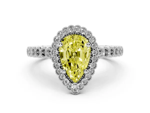 Fancy Yellow Pear Cut Cut Halo Pavé Solitaire Ring with Milgrain Band Platinum