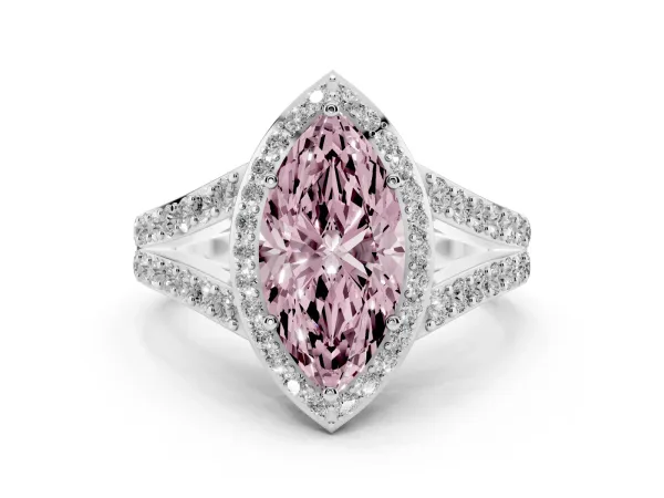 Fancy Pink Marquise Cut Diamond Split Shank Halo Ring with Four-Prong Setting White gold