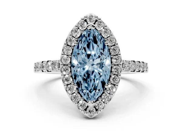 Fancy Blue Marquise Cut Halo Diamond Pavé Solitaire Ring Platinum