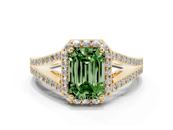 Fancy Green Emerald Cut Halo Split Shank Pave Diamond Ring with Four-Prong Setting Yellow gold