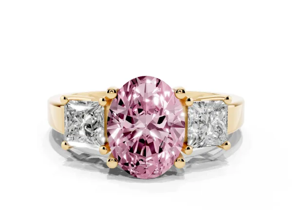 Fancy Pink Three-Stone Oval Cut Cut Solitaire Ring with Prong Setting Yellow gold