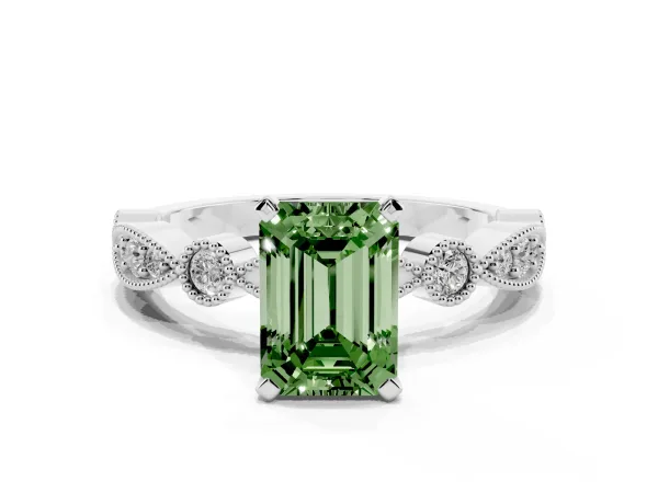 Fancy Green Emerald Cut Milgrain Bezel Diamond Engagement Ring with Solitaire Prong Setting White gold