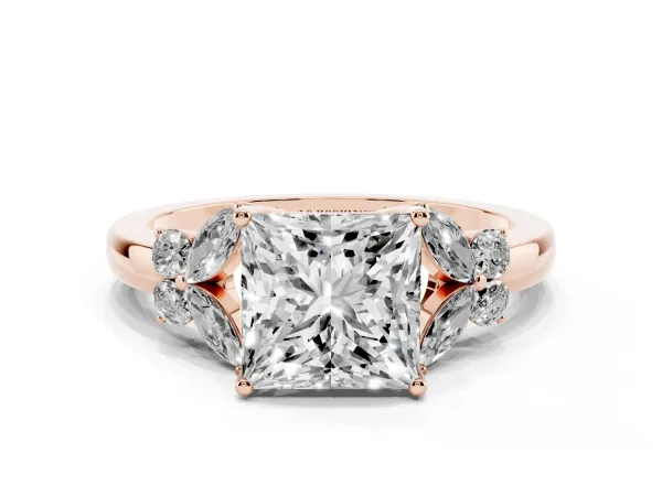 Princess Cut Cut Solitaire Floral Diamond Ring with Four-Prong Setting Rose gold