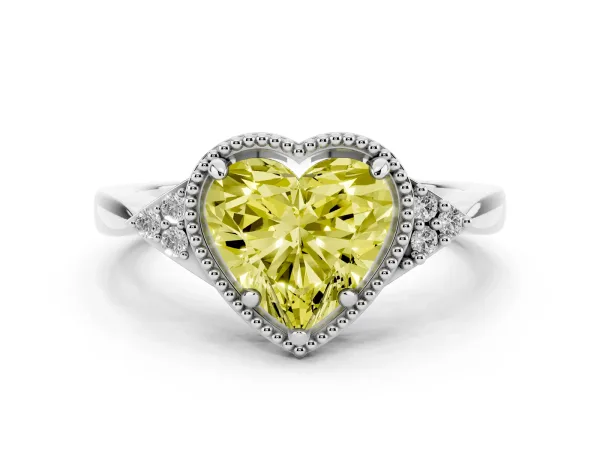 Fancy Yellow Hexagonal Halo Heart Cut Diamond Solitaire with Pavé Band and Four-Prong Setting Platinum