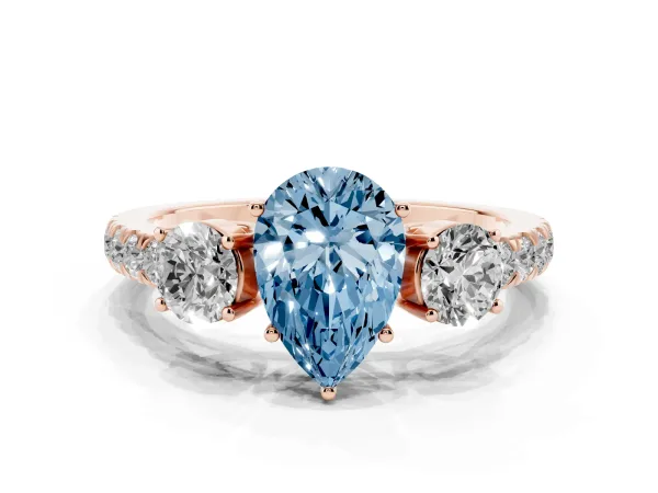 Fancy Blue Pear Cut Cut Diamond Three-Stone Ring with Round Side Stones and Pavé Band Rose gold