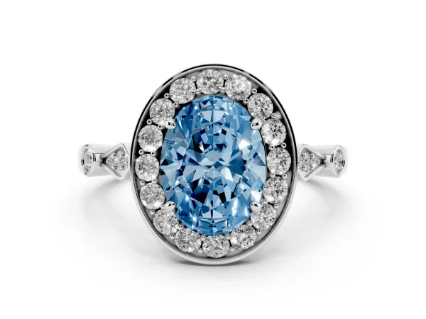 Fancy Blue Oval Cut Halo Diamond Engagement Ring with Twisted Band and Four-Prong Setting White gold