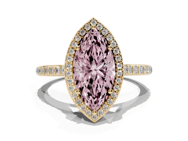 Fancy Pink Marquise Cut Diamond Halo Engagement Ring with Round Pavé Shoulders and Prong Setting Yellow gold
