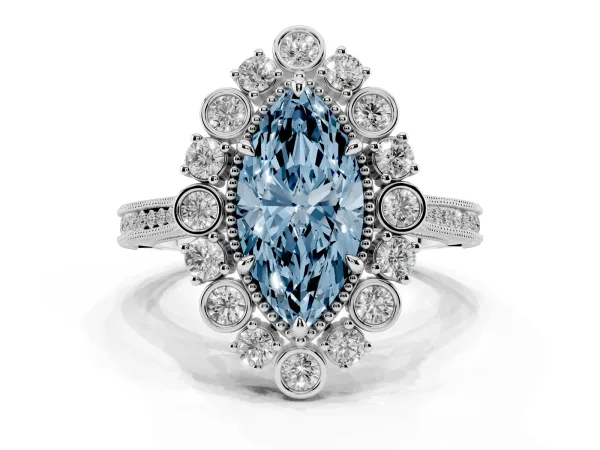 Fancy Blue Marquise Cut Halo Milgrain Pave Diamond Ring with Four-Prong Setting Platinum