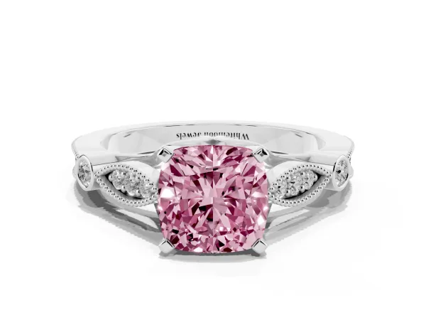 Fancy Pink Cushion Cut Cut Diamond with Milgrain Marquise and Bezel Accents on a Solitaire Band with Prong Setting Platinum