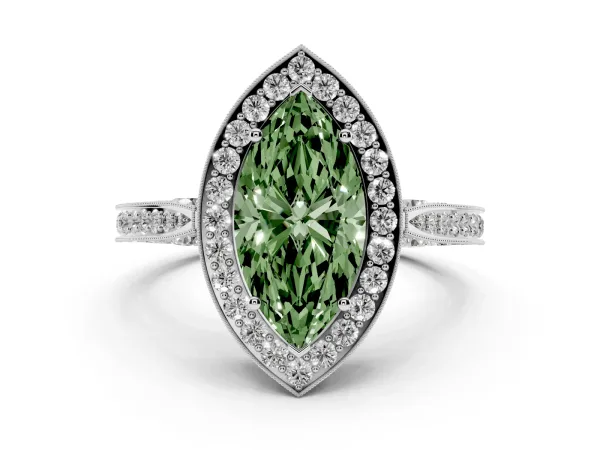Fancy Green Marquise Cut Halo Diamond Engagement Ring with Split Shank Band and Four-Prong Setting Platinum