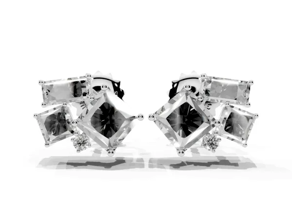 Baguette and Princess Diamond Mosaic Abstract Stud Earrings Platinum
