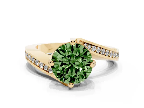 Fancy Green Round Cut Solitaire Diamond Twist Band with Pavé Setting and Four-Prong Setting Yellow gold