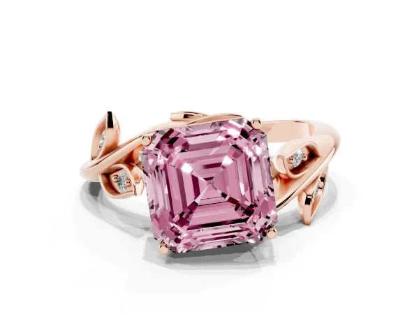 Fancy Pink Asscher Cut Solitaire Twist Engagement Ring with Leaf Accents and Prong Setting Rose gold