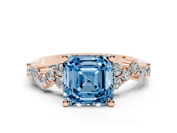 Fancy Blue Asscher Cut Diamond Scattered Round Accent Ring with Prong Setting Rose gold