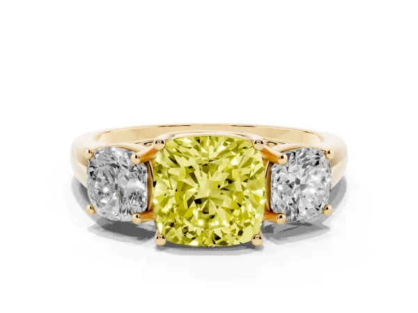 Fancy Yellow Three-Stone Cushion Cut Diamond Engagement Ring with Prong Setting Yellow gold