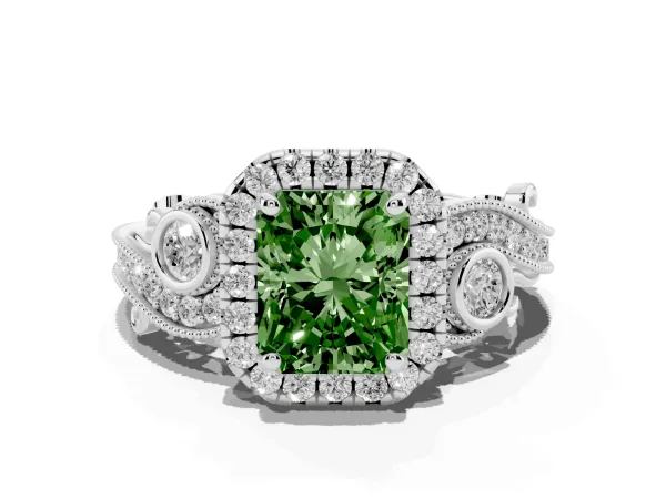 Fancy Green Radiant Cut Halo Diamond Ring with Milgrain and Bezel Accents on a Split Shank Band White gold