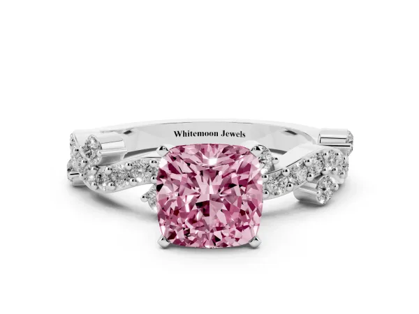 Fancy Pink Cushion Cut Cut Solitaire Diamond Twisted Band with Pave Setting Platinum