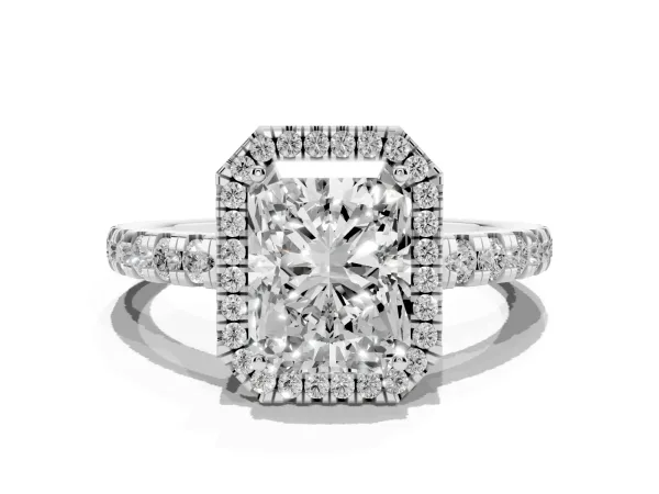 Radiant Cut Diamond Halo Ring with Pavé Band and Four-Prong Setting White gold