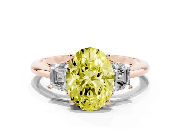 Fancy Yellow Oval Cut Diamond Three-Stone Ring with Trapezoid Side Stones and Prong Setting Rose gold