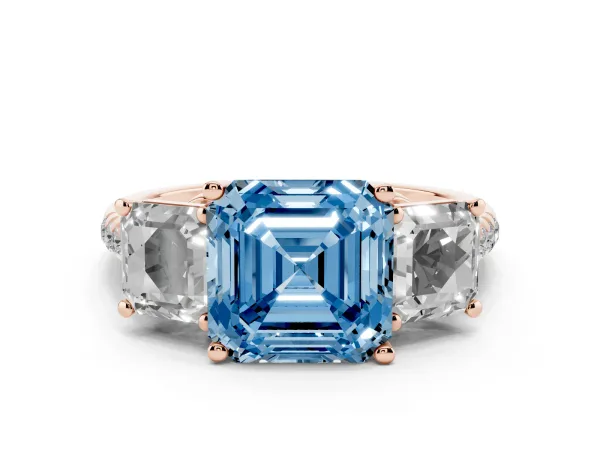 Fancy Blue Three-Stone Asscher Cut Diamond Ring with Round Pavé Band and Prong Setting Rose gold
