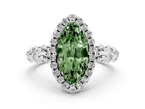 Fancy Green Marquise Cut Diamond Halo Ring with Filigree Band and Prong Setting Platinum