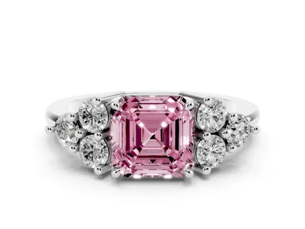 Fancy Pink Asscher Cut Brilliant Diamond Cluster Accent Solitaire Ring with Prong Setting White gold