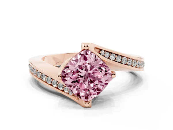 Fancy Pink Cushion Cut Solitaire Diamond Twist Band with Pavé Setting and Four-Prong Setting Rose gold