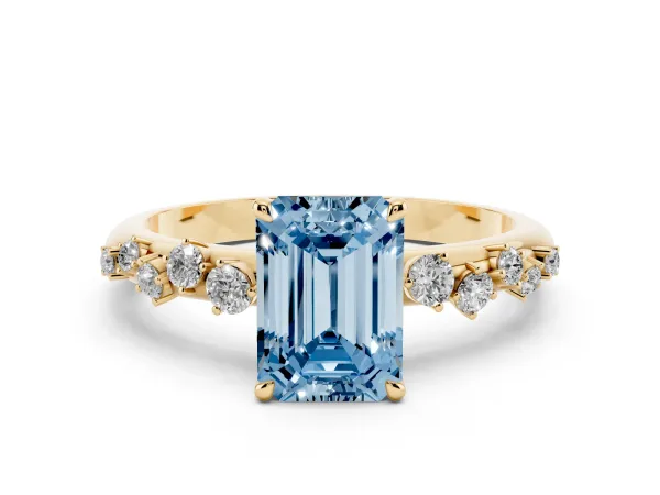 Fancy Blue Emerald Cut Diamond Cluster Prong-Set Solitaire Ring Yellow gold