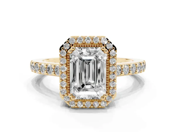 Emerald Cut Cut Diamond Halo Engagement Ring with Milgrain Detail and Pavé Band Yellow gold