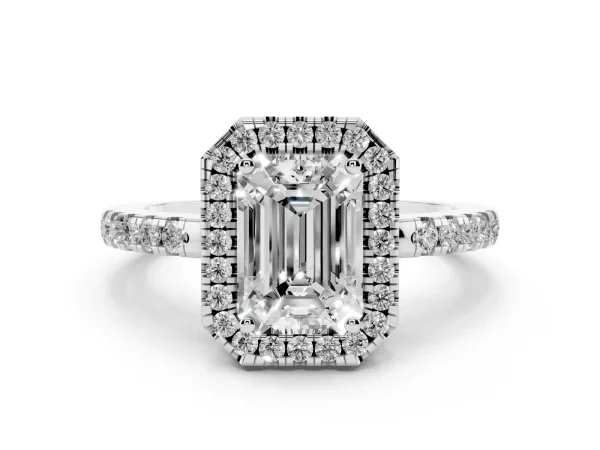 Emerald Cut Halo Diamond Engagement Ring with Pavé Band and Four-Prong Setting White gold