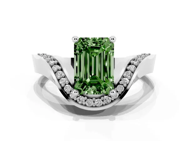 Fancy Green Emerald Cut Solitaire Diamond Engagement Ring with Pave Band and Four-Prong Setting Platinum