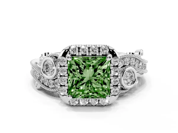 Fancy Green Princess Cut Diamond Halo Ring with Milgrain Pavé Band and Four-Prong Setting White gold