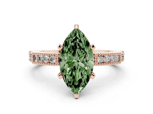 Fancy Green Marquise Cut Solitaire with Pavé Band and Four-Prong Setting Rose gold