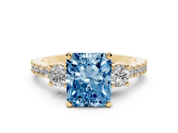 Fancy Blue Radiant Cut Three-Stone Diamond Pavé Band with Prong Setting Yellow gold