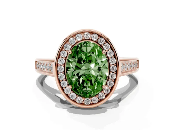 Fancy Green Oval Cut Halo Solitaire Diamond Ring with Pave Band and Bezel Setting Rose gold