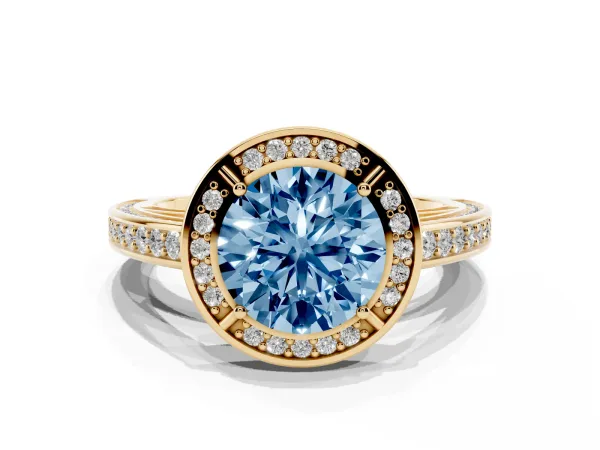 Fancy Blue Round Cut Cut Halo Pave Split Shank Prong Setting Ring Yellow gold