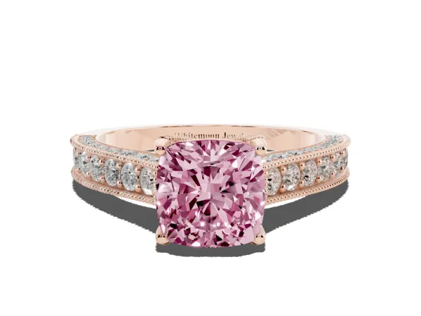 Fancy Pink Cushion Cut Cut Diamond Solitaire Ring with Milgrain Pave Band and Four Prong Setting Rose gold